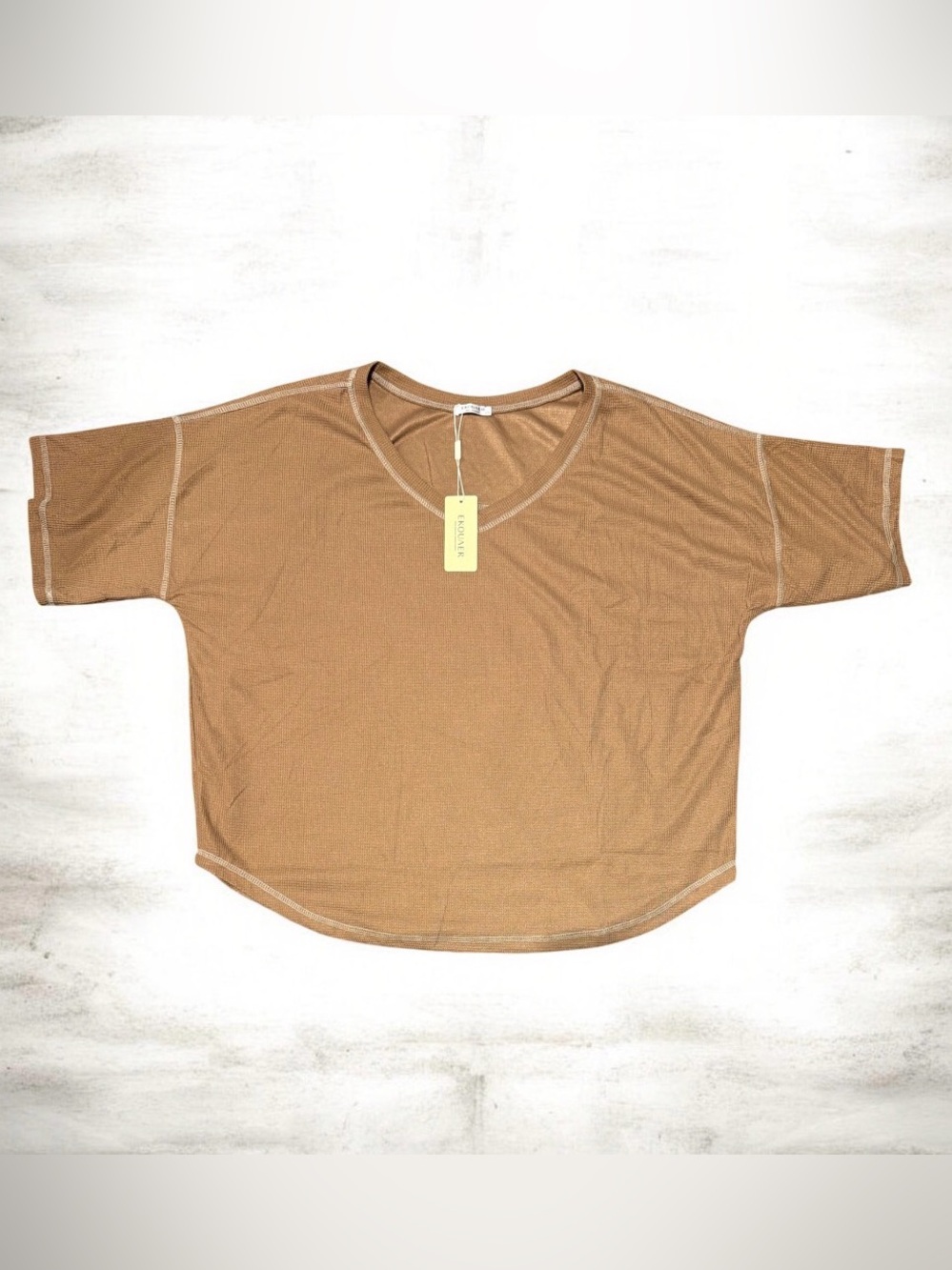 Ekouaer Waffle Knit Lounge Set 2 Piece Oversized V-Neck Top & Shorts Brown NWT - Picture 2 of 7